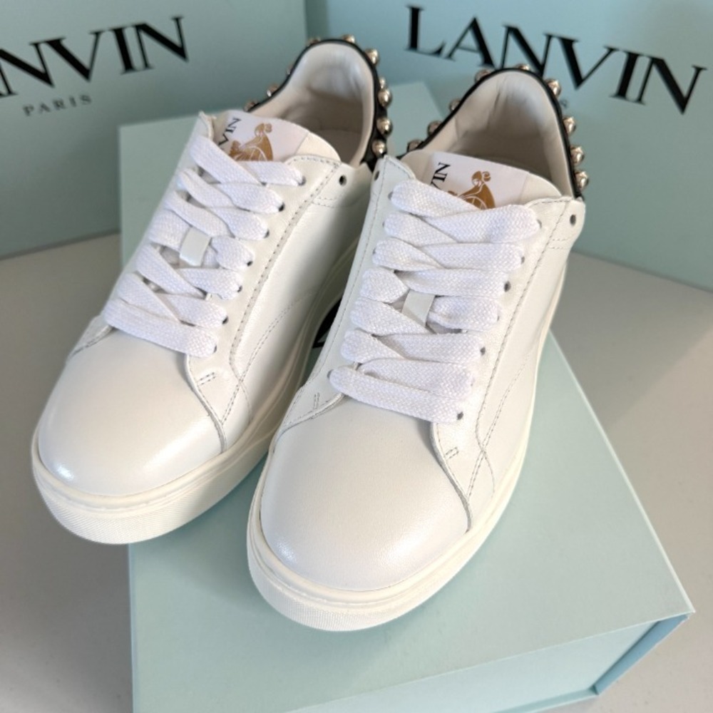 Lanvin Paris Women's White Leather DDB0 Sneakers with Studs, Sz 37 - Picture 6 of 12